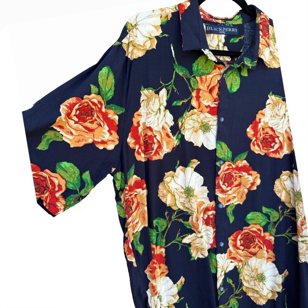 Blackberry Hawaiian Shirt Mens XXL Navy Floral Button Down Tropical Camp Casual